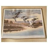 John Mayer Framed Art Prints "Dawn Patrol" and "Morning on the Platte" with Brass Plates - Both in damaged condition