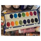 Art Supplies Lot including Paints, Brushes, and a Pile of Modern and Vintage Instructional Books