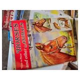 Art Supplies Lot including Paints, Brushes, and a Pile of Modern and Vintage Instructional Books