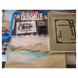 Art Supplies Lot including Paints, Brushes, Pencils, and Canvas