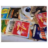 Collection of Vintage Vinyl Records and Sleeves including titles like "Number 7 Theme" by Mitchell Ayres and "Hawaii Calls." The lot also contains empty record sleeves featuring various artists and th