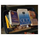 2 Totes Full of Religious and Inspirational Books including "The Mind of God" and "Holy Bible"