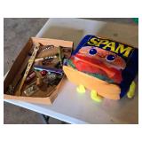 Box of Miscellaneous Items including Novelty SPAM Pillow and Assorted Trinkets