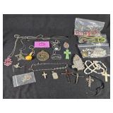 Lot of Jewelry and Accessories including Cross Pendants, Rosaries, and Earrings