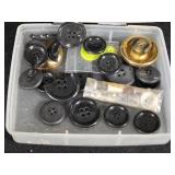 Assorted Buttons and Sewing Supplies including Black Button Collection, Decorative Buttons, and Miscellaneous Sewing Items