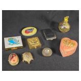 Vintage Trinket Boxes and Decorative Items Lot including Heart-Shaped Box, Enamel Owl Compact, and Butterfly Tin