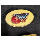 Vintage Trinket Boxes and Decorative Items Lot including Heart-Shaped Box, Enamel Owl Compact, and Butterfly Tin