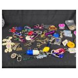 Large Lot of Assorted Keychains and Accessories featuring unique designs such as a beaded lizard, miniature license plates, and themed items from Las Vegas.