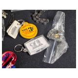 Large Lot of Assorted Keychains and Accessories featuring unique designs such as a beaded lizard, miniature license plates, and themed items from Las Vegas.