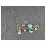 Lot of Jewelry Items Including Turquoise Ring, Necklace, and Brooch