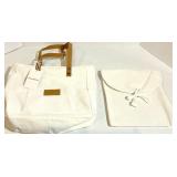 Cozy Earth Canvas Tote Bags with Tan Leather Handles and a soft cream pouch