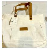 Cozy Earth Canvas Tote Bags with Tan Leather Handles and a soft cream pouch