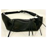 Black Leather Waist Bag - Dual Zipper Compartments & Adjustable Crossbody Strap