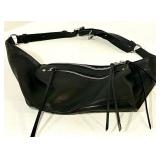 Black Leather Waist Bag - Dual Zipper Compartments & Adjustable Crossbody Strap