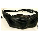 Black Leather Waist Bag - Dual Zipper Compartments & Adjustable Crossbody Strap
