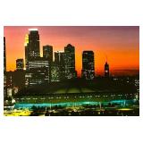 Framed City Skyline Panorama at Sunset & Stadium - Wall Art