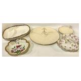 Porcelain Dishes (Lot of 5) - Floral Pattern & Gold Trim with Cake Stand