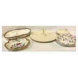 Porcelain Dishes (Lot of 5) - Floral Pattern & Gold Trim with Cake Stand