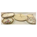 Porcelain Dishes (Lot of 5) - Floral Pattern & Gold Trim with Cake Stand