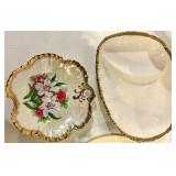 Porcelain Dishes (Lot of 5) - Floral Pattern & Gold Trim with Cake Stand