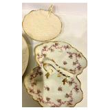 Porcelain Dishes (Lot of 5) - Floral Pattern & Gold Trim with Cake Stand