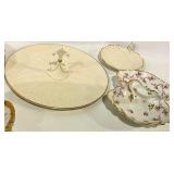 Porcelain Dishes (Lot of 5) - Floral Pattern & Gold Trim with Cake Stand