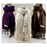 Pashmina Scarves - 3-Pack - 100% Cashmere - Purple, White & Brown