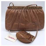 NEW Judith Leiber Brown Snakeskin Evening Clutch With Gem-Trim Gold Frame