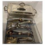 Serving Set - Silver-Toned Lidded Rectangular Dish with Ornate Handles & Utensil Tray