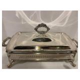 Serving Set - Silver-Toned Lidded Rectangular Dish with Ornate Handles & Utensil Tray