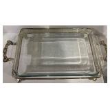 Serving Set - Silver-Toned Lidded Rectangular Dish with Ornate Handles & Utensil Tray