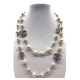 Vintage Chanel Necklace 40in Glass Pearl & Crystal Logo