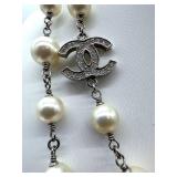 Vintage Chanel Necklace 40in Glass Pearl & Crystal Logo