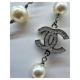 Vintage Chanel Necklace 40in Glass Pearl & Crystal Logo