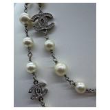 Vintage Chanel Necklace 40in Glass Pearl & Crystal Logo