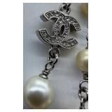 Vintage Chanel Necklace 40in Glass Pearl & Crystal Logo