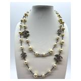 Vintage Chanel Necklace 40in Glass Pearl & Crystal Logo