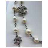 Vintage Chanel Necklace 40in Glass Pearl & Crystal Logo