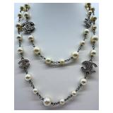 Vintage Chanel Necklace 40in Glass Pearl & Crystal Logo