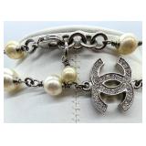 Vintage Chanel Necklace 40in Glass Pearl & Crystal Logo