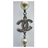 Vintage Chanel Necklace 40in Glass Pearl & Crystal Logo