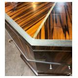 Zebra Wood Octagonal Glass-Top Cabinet with Metal Trim & Round Wood Feet