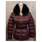 Ted Baker London Puffer Coat - Faux Fur Collar, Maroon, Size 3