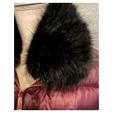 Ted Baker London Puffer Coat - Faux Fur Collar, Maroon, Size 3
