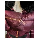 Ted Baker London Puffer Coat - Faux Fur Collar, Maroon, Size 3