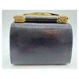 RODO Italy Made in Italy Black Textured Leather Handbag - Gold Bar Handle