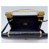RODO Italy Made in Italy Black Textured Leather Handbag - Gold Bar Handle