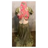 Lehenga Choli Olive Green with Pink Dupatta - Embroidered Gold Floral Accents