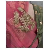 Lehenga Choli Olive Green with Pink Dupatta - Embroidered Gold Floral Accents