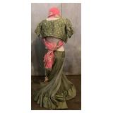 Lehenga Choli Olive Green with Pink Dupatta - Embroidered Gold Floral Accents